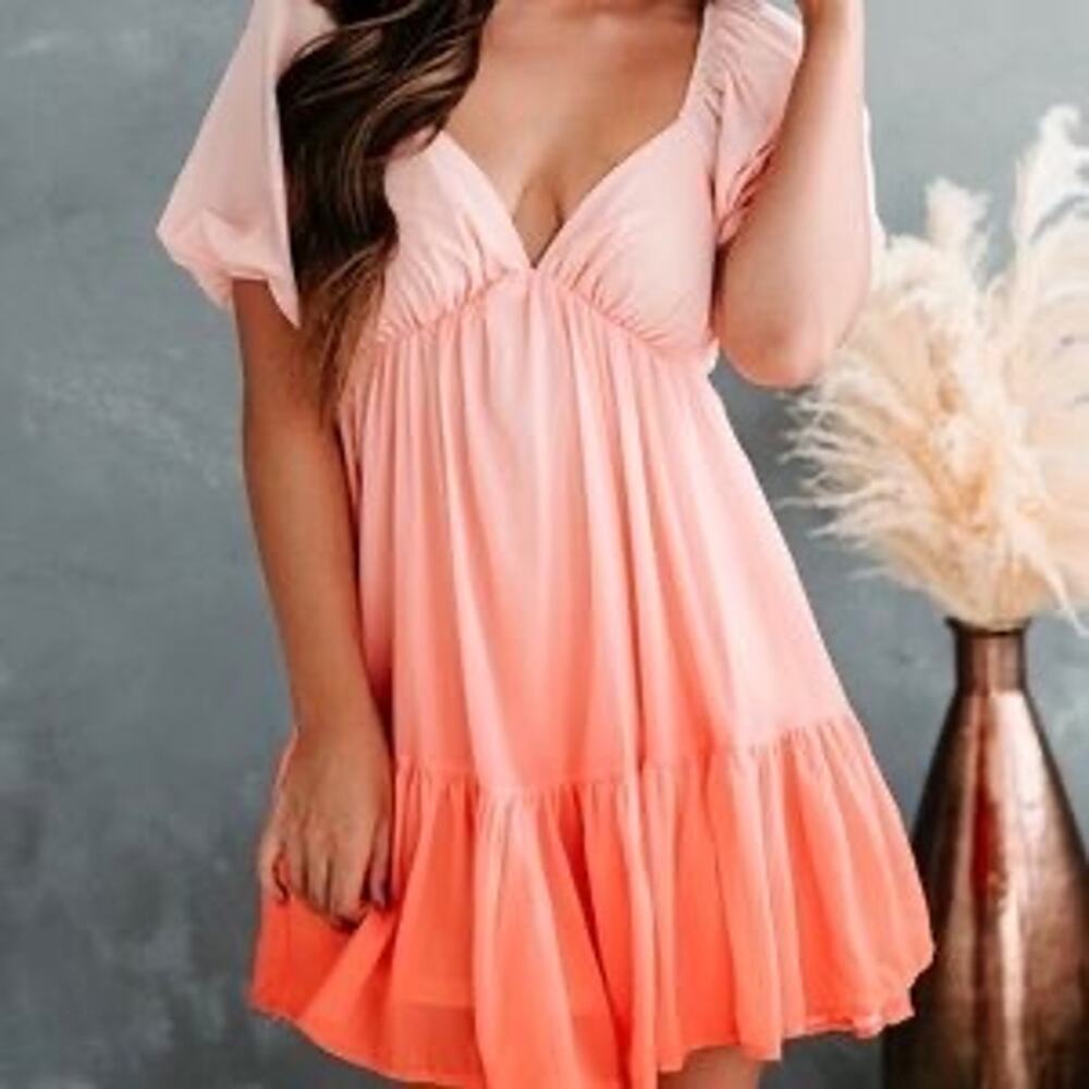 Love Colette Orange Coral Ombre Short Sleeve Tiered Mini Dress Ruffle Size M